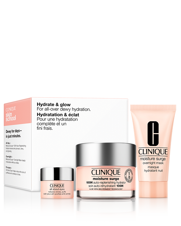 Hydrate &amp; Glow Skincare Set, &lt;strong&gt;Zestaw zawiera:&lt;/strong&gt;&lt;br&gt;• Moisture Surge 100-Hour Auto-Replenishing Hydrator 50 ml&lt;br&gt;• Moisture Surge Overnight Mask 30 ml&lt;br&gt;• All About Eyes 5 ml