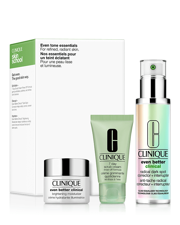 Even Tone Essentials Skincare Set, &lt;strong&gt;Zestaw zawiera:&lt;/strong&gt;&lt;br&gt;• Even Better Clinical Radical Dark Spot Corrector &amp; Interruptor 50 ml&lt;br&gt;• 7 Day Scrub 30 ml&lt;br&gt;• NEW Even Better Clinical Brightening Moisturizer 15 ml