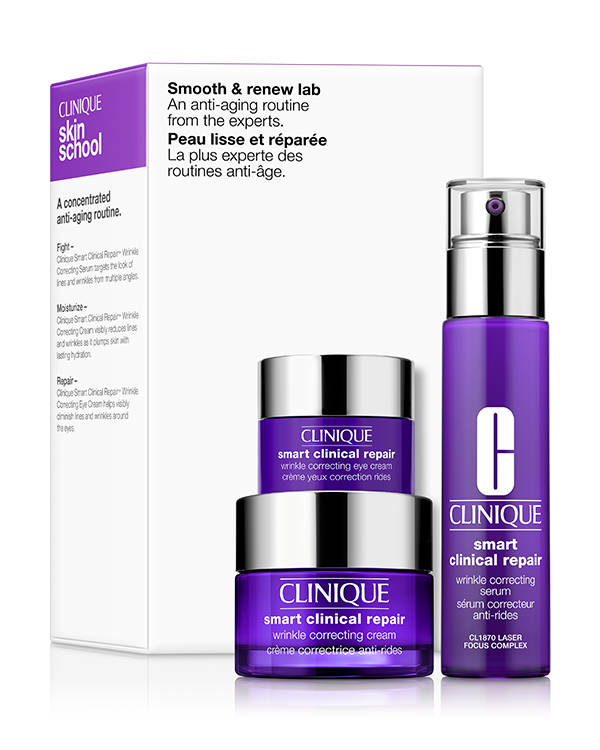 Smooth + Renew Lab Skincare Set, &lt;strong&gt;Zestaw zawiera:&lt;/strong&gt;&lt;br&gt;• Clinique Smart Clinical Repair Wrinkle Correcting Serum 30 ml&lt;br&gt;• Clinique Smart Clinical Repair Wrinkle Correcting Cream 15 ml&lt;br&gt;• Clinique Smart Clinical Repair Wrinkle Correcting Eye Cream 5 ml