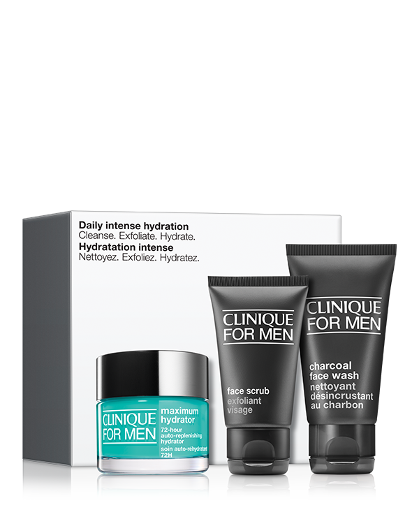Daily Intense Hydration Skincare Set: Cleanse. Exfoliate. Hydrate., Proste produkty do pielęgnacji skóry dla mężczyzn o bardziej suchej skórze.